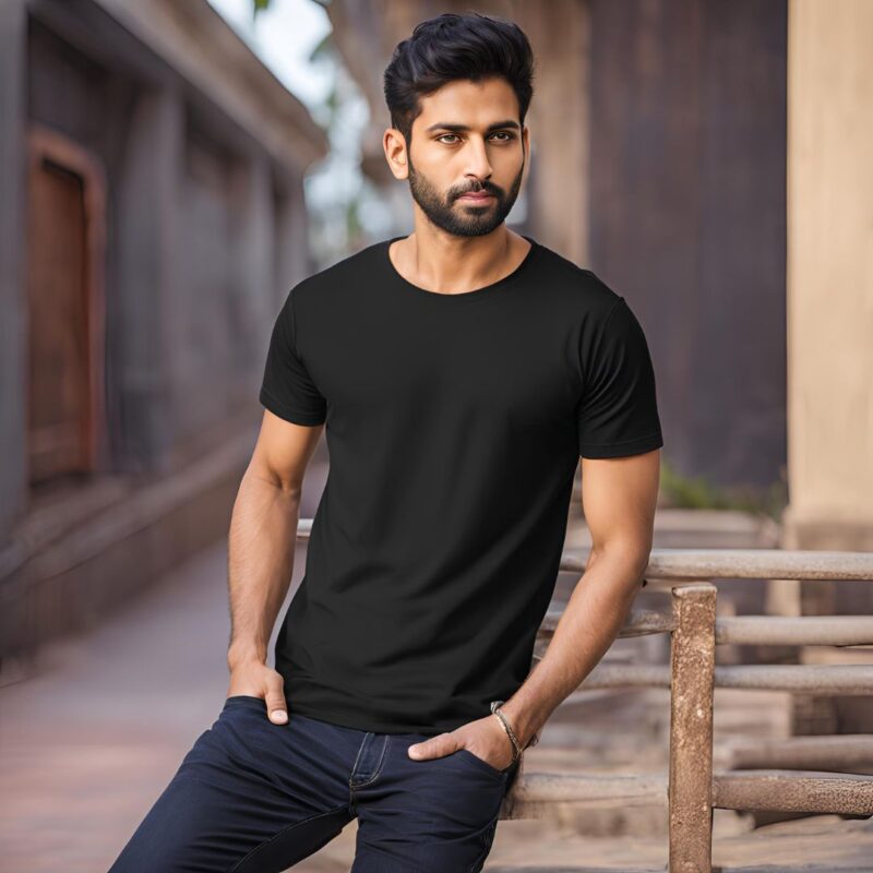 black solid round neck regular fit