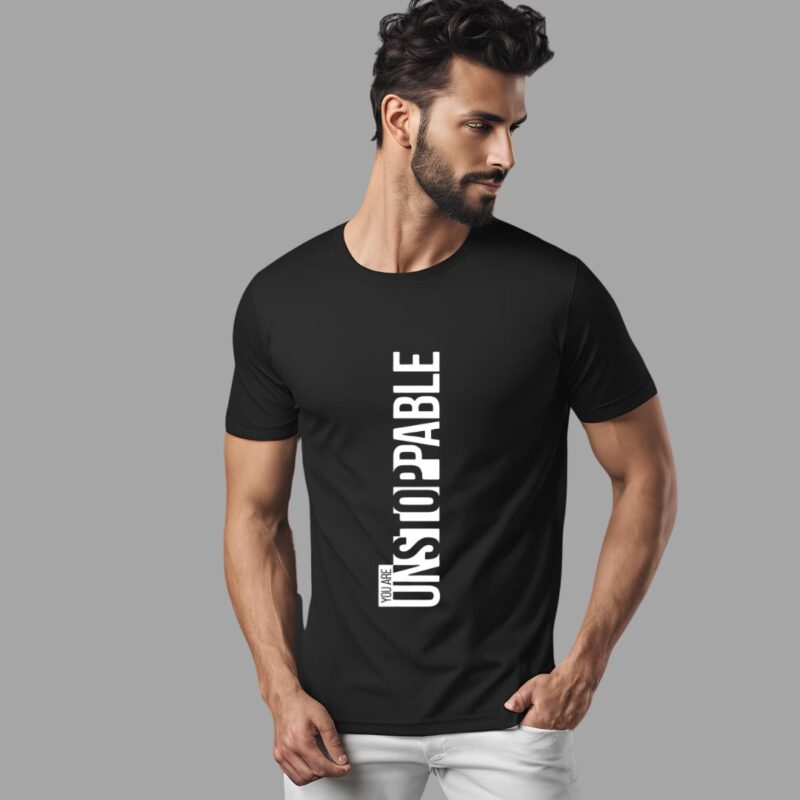 BLACK COTTON ROUND NECK UNSTOPPABLE PRINTED TSHIRT