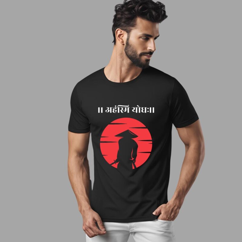 BLACK ROUND NECK SANSKRIT PRINTED YODDHA TSHIRT