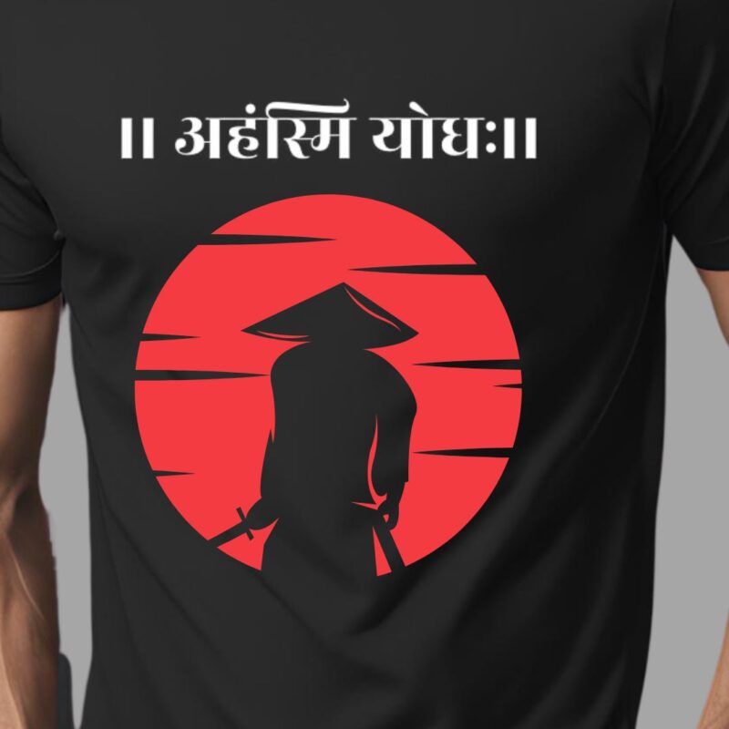 BLACK ROUND NECK SANSKRIT PRINTED YODDHA TSHIRT