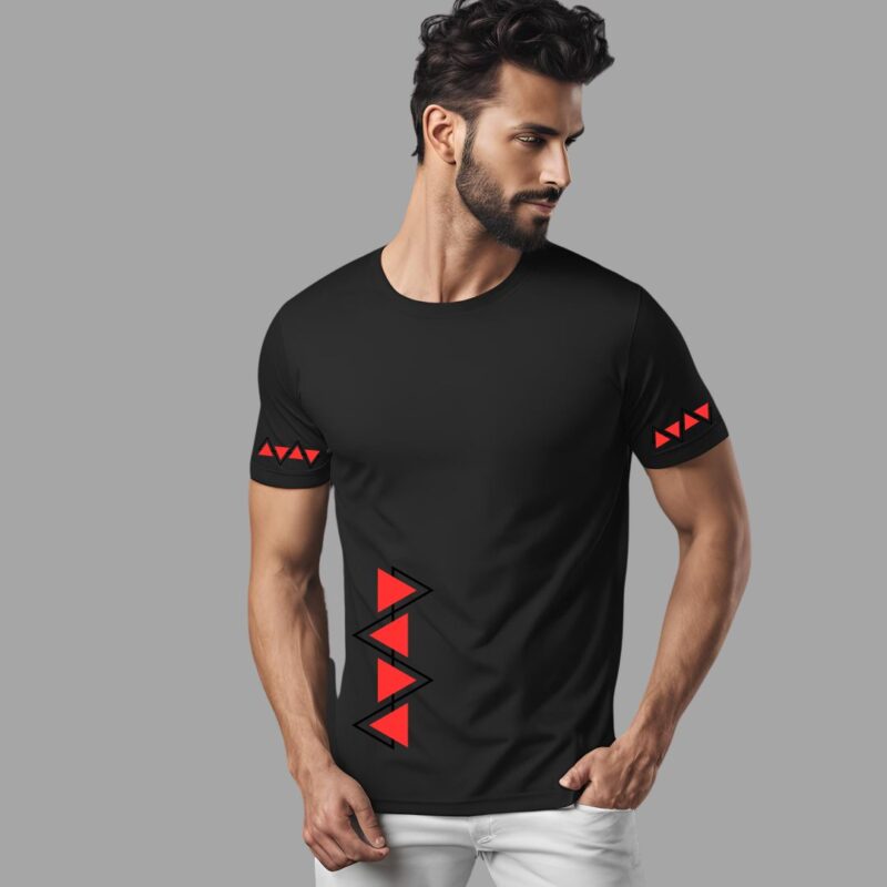 BLACK COTTON ROUND NECK TSHIRT TRIBAL DESIGN