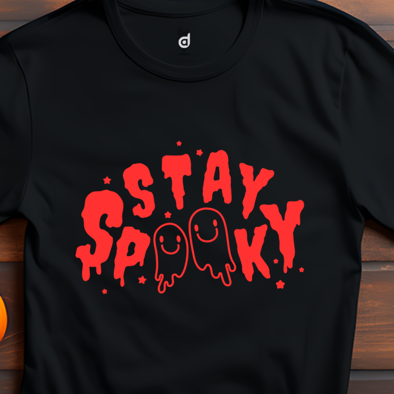 black round neck tshirt stay spooky printed close up